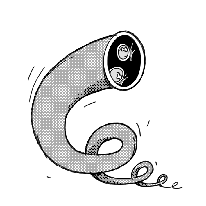 Dessin représentant un tube spirale, courbé avec une finition lisse. À l'extrémité supérieure, l'ouverture du tube révèle deux petites sphères noires, qui pourraient symboliser des échantillons ou des éléments à l'intérieur. Le tube est texturé avec des points, apportant une dimension graphique, et il présente une spirale à la base, évoquant une certaine dynamique et mouvement.