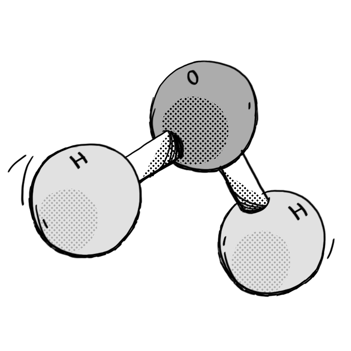 Dessin représentant une molécule d'eau, composée de trois sphères. Deux sphères blanches, symbolisant les atomes d'hydrogène, sont reliées par des traits fins à une sphère grise, représentant l'atome d'oxygène. Les sphères possèdent une texture avec des points, ajoutant un effet de profondeur. L'ensemble est stylisé de manière simple et graphique, sans détails superflus.