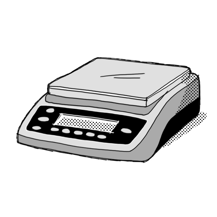 Illustration d’une balance électronique de précision avec un plateau rectangulaire et un écran de commande numérique en façade.